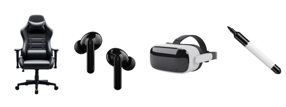 Modern technology collection: ergonomic gaming chair, wireless earbuds, virtual reality headset, and marker