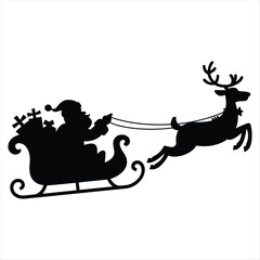 Santa claus and reindeer flying silhouette delivering presents