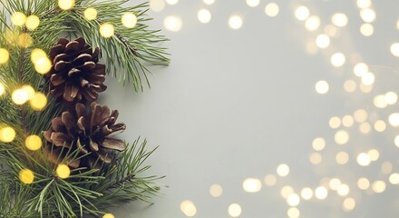 Festive pine branches with warm bokeh lights for holiday decor