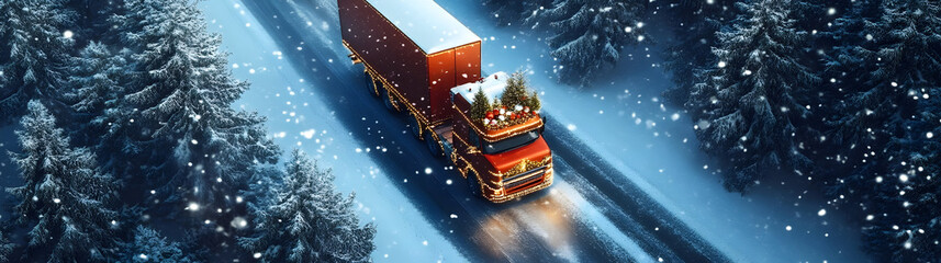 Aerial view of Christmas decorated truck carrying gifts on the road in a winter forest covered with snow in snowfall.