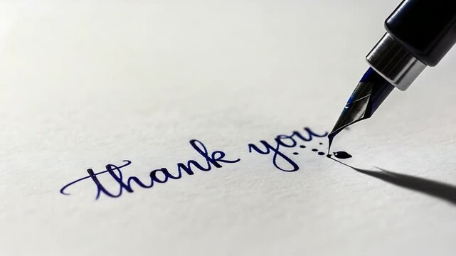 Elegant Fountain Pen Writing Thank You Mesage on Textured Paper Close-up Detail.