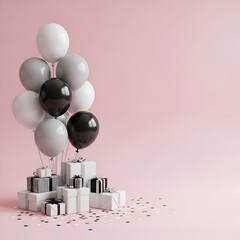 Modern Pink Birthday Scene with Balloons, Gifts and Confetti