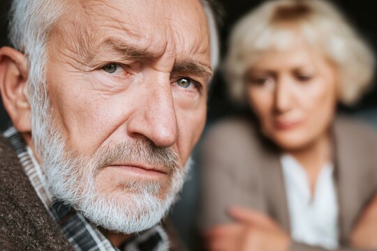 Serious Senior Man with His Worried Wife in the Background