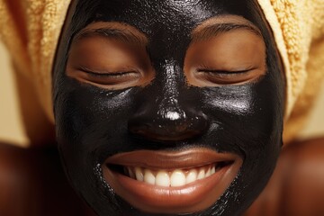 Happy Woman with a Black Charcoal Face Mask