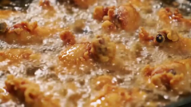 Close-up Deep Fry of Golden Crispy Battered Food or Chicken Pieces in Hot Bubbling Oil