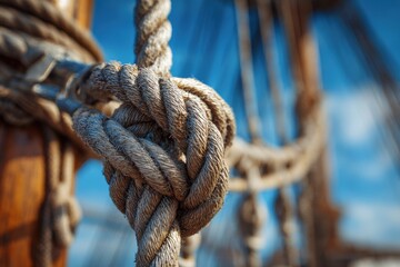 Fototapeta premium Nostalgic Voyage: Closeup of Jacobs Ladder Ropes on Vintage Sailboat Beneath Blue Sky
