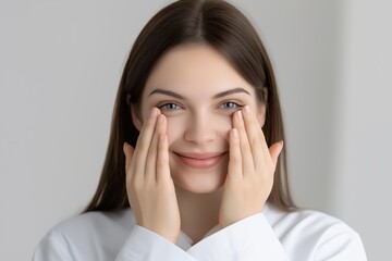 Smiling Woman Gently Touching the Skin Around Her Eyes