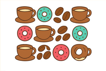 Obraz premium Stylized coffee cups donuts and roasted coffee beans arranged in a repeating pattern