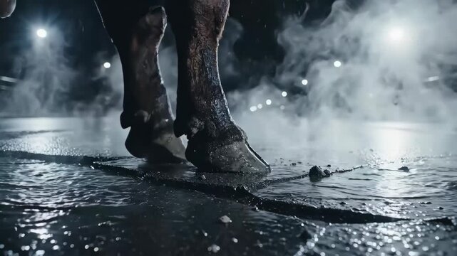 Horse hoof splashing through wet pavement at night with steam, motion, debris and dramatic lighting