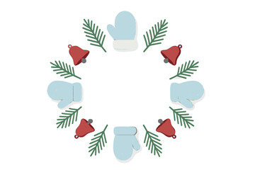 Fototapeta premium Festive winter holiday frame arrangement with blue mittens red bells and green pine branches on white background