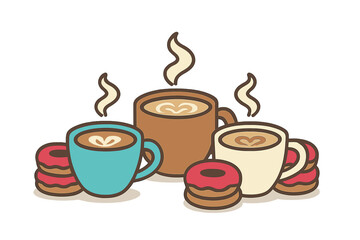 Three colorful steaming coffee mugs with heart latte art surrounded by stacks of pink glazed donuts