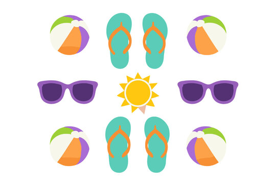 Symmetrical pattern of colorful summer vacation objects on white background