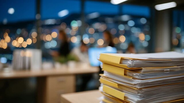 Close-up of neatly stacked patient records with folders and labels, office environment softly blurred in background, warm desk lighting
