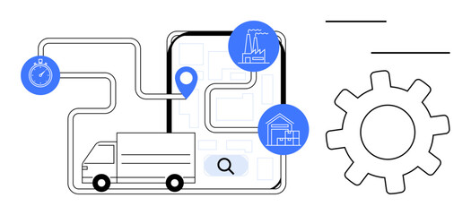Truck on route map with factory, warehouse icons, magnifier, stopwatch gear. Ideal for logistics, supply chain, transportation, production management, delivery services efficiency automation
