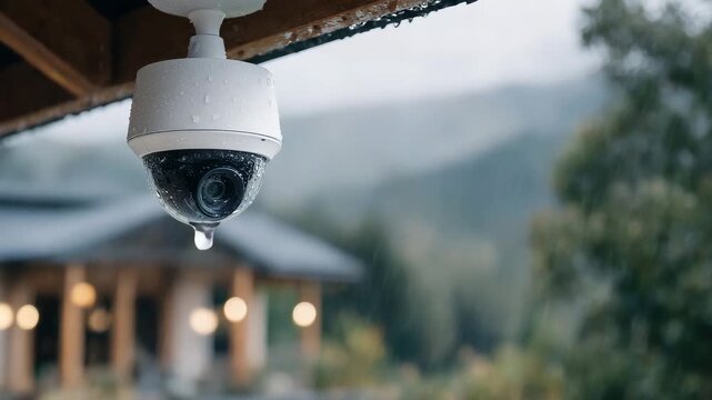 Close-up of outdoor surveillance camera with raindrops, mounted under roof eave, house entrance visible in soft background