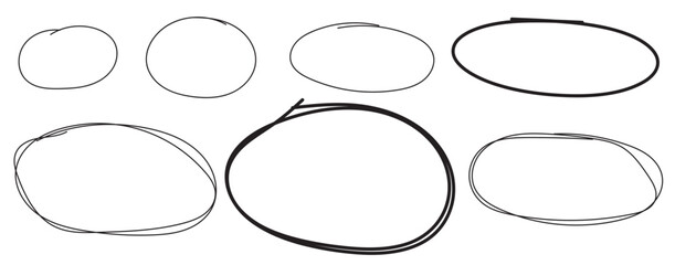 Hand drawn oval scribble circle frames and borders set, rough sketch highlight loops, isolated on transparent background Vector Collection
