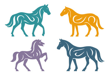 Set of four stylized horses in dynamic poses featuring vibrant abstract colors