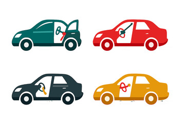 Fototapeta premium Collection of four stylized passenger cars in various colors with keys inserted into the ignition