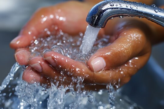 Fresh Clean Tap Water Pouring into Cupped Hands Close-Up - Powered by Adobe