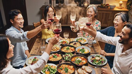 Savory cuisine and wine glasses on a rustic table, capturing the warm concept of communal celebration and perfect for restaurant advertisements, cooking show backgrounds, or event marketing.