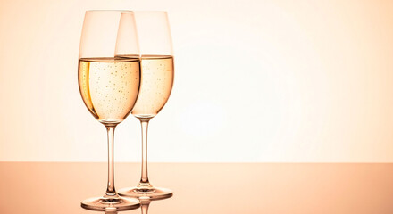 Close-Up Lateral View of Two Champagne Flutes Clinking with Warm Tones on a High-Key White Background