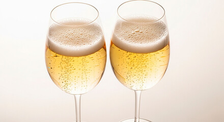 Close-Up Lateral View of Two Champagne Flutes Clinking with Warm Tones on a High-Key White Background
