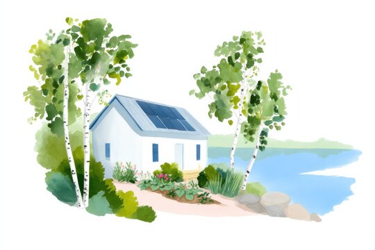 Digital watercolor illustration of a sustainable eco home with solar panels and garden by a lake, symbolizing off-grid living.