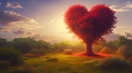 sunset in the mountains, Red heart shaped tree