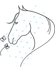 Elegant Horse Head Outline with Abstract Geometric Network and Butterflies Illustrating Freedom and Beauty for Creative Projects and Artistic Designs and Conceptual Artwork