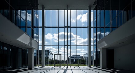 Modern glass building interior with large windows and blue sky background zoom