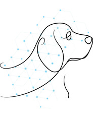 Stylized dog head with connected network node background representing artificial intelligence and advanced technologies in animal companionship and veterinary innovation research for pet care