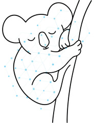 Stylized Koala Illustration Sleeping on a Branch with Geometric Pattern Overlay Peaceful Wildlife Design Concept for Animal Lovers and Digital Art Enthusiasts Minimalist Black and White Drawing