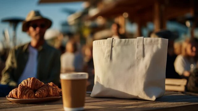 Eco tote bag casually on table with croissants and beverages, warm afternoon light, friends interacting in relaxed cafe scene