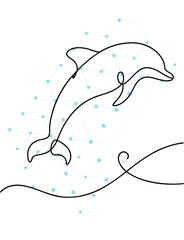 Graceful dolphin leaping from the ocean a single line drawing with interconnected network points adding a touch of innovation and highlighting the fluidity and intelligence of marine life