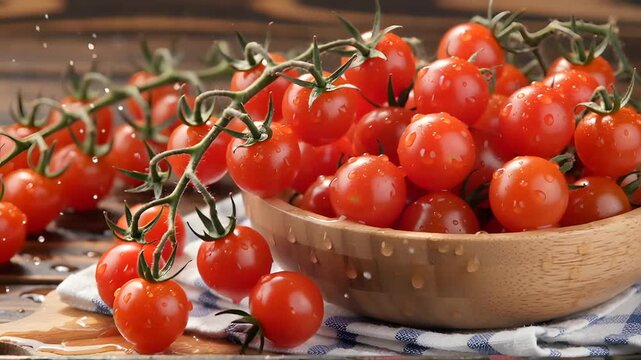 Vibrant Cherry Tomatoes in a Rustic Bowl: A Close-Up Macro of Freshness and Natural Beauty.