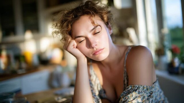 Exhausted woman at kitchen table, head resting on hand, window light casting gentle highlights across her face and tabletop objects
