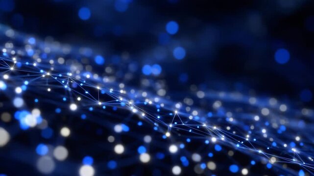 Futuristic blue abstract network with glowing nodes and connecting lines, representing medical technology and scientific data flow, digital grid background - Powered by Adobe