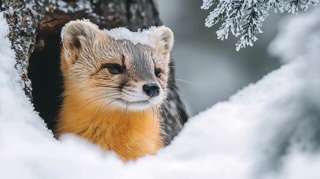 pine marten or martes martes on a snow hole in winter video