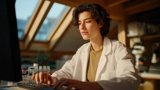 a medical research center with lab gear and computers, cluttered counter with samples, soft natural light from skylights, a young researcher in a coat analyzing data on a monitor, natural poses as