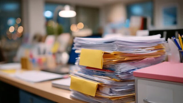 High-angle close-up of piled patient documentation on a healthcare office table, crisp papers, labeled folders, and subtle office lighting