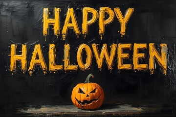 Textured oil painting of Happy Halloween lettering in bright yellow and Halloween scary pumpkin on dark painted background, festive art, Hand painting text.
