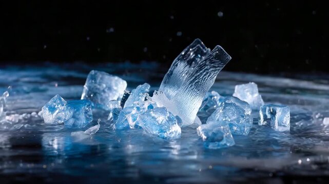Ice cubes colliding and exploding into fractured shards, dynamic water splash bursting outward on reflective dark icy floor