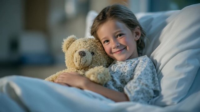 Little girl patient hugging a worn teddy bear on hospital bed, gentle sunlight illuminating her face, hospital room softly in background