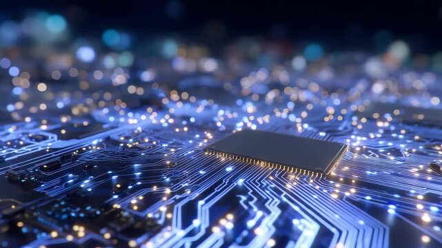 Macro view of detailed electronic circuit board, metallic traces and tiny components highlighted with soft ambient light, emphasizing innovation and high-tech design