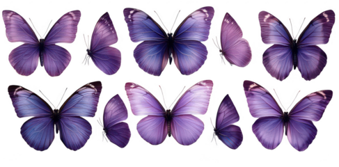 set of purple butterflies isolated on transparent or white background