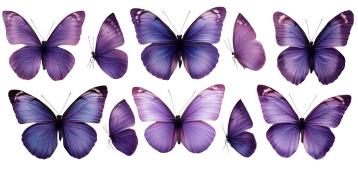 set of purple butterflies isolated on transparent or white background