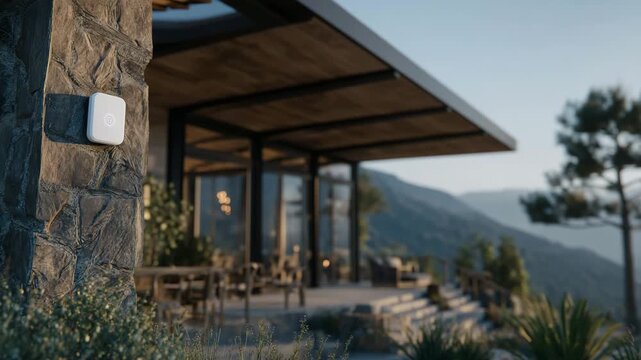 Outdoor home security device installed under overhang, monitoring main entrance with geometric modern design elements