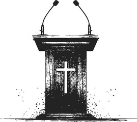 Church pulpit sketch, hand drawn wooden podium with cross and microphones — stock vector