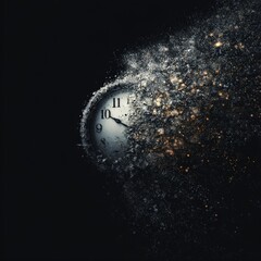 A conceptual artwork featuring a clock against a dark background. 