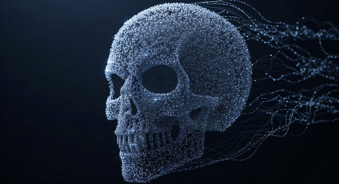 Abstract digital skull dissolving into ethereal light particles, representing data transformation and futuristic concepts in technology